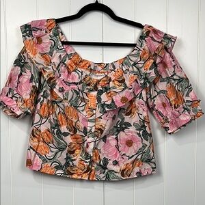 Cecelia Peterson Top XS Pink Green Floral Button Up Off Shoulder Puff Sleeves
